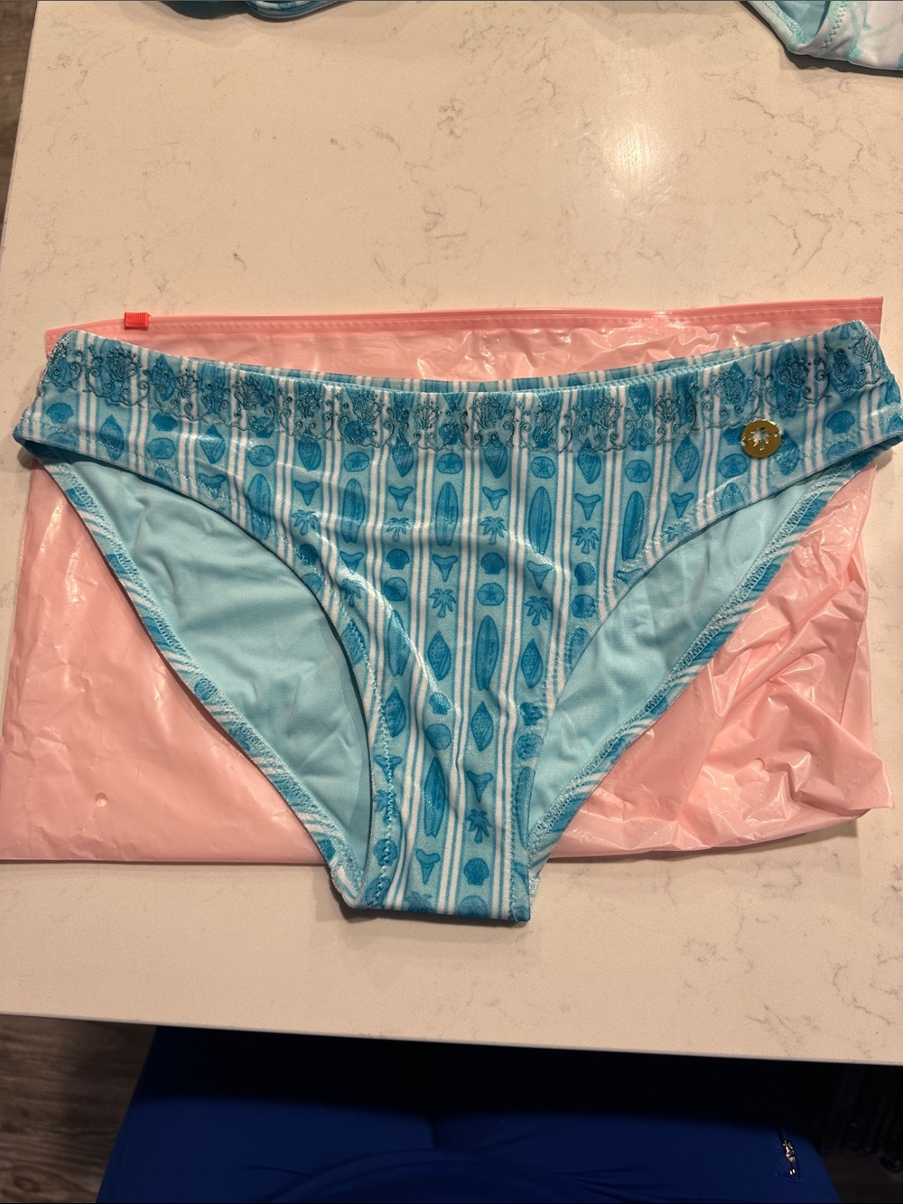 Pink Palm Puff Azure Patterned Bikini Bottoms size M